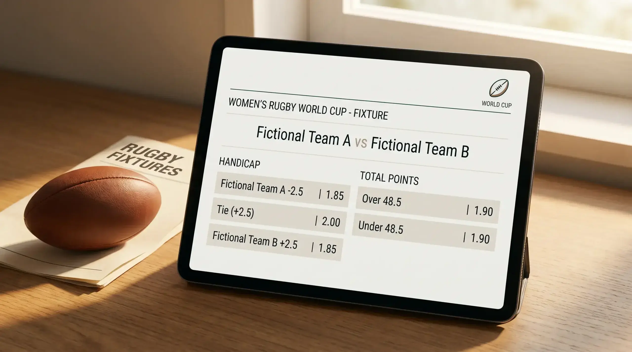 Sportsbook display of handicap and totals markets for a Women's Rugby World Cup fixture
