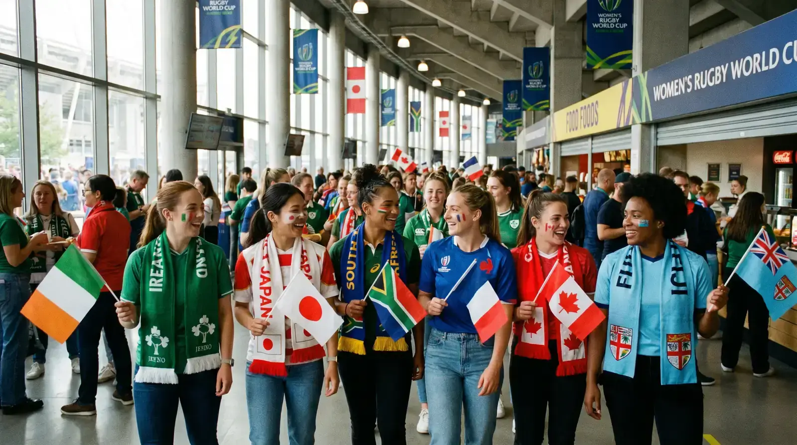 International supporters with national flags at a Women's Rugby World Cup match