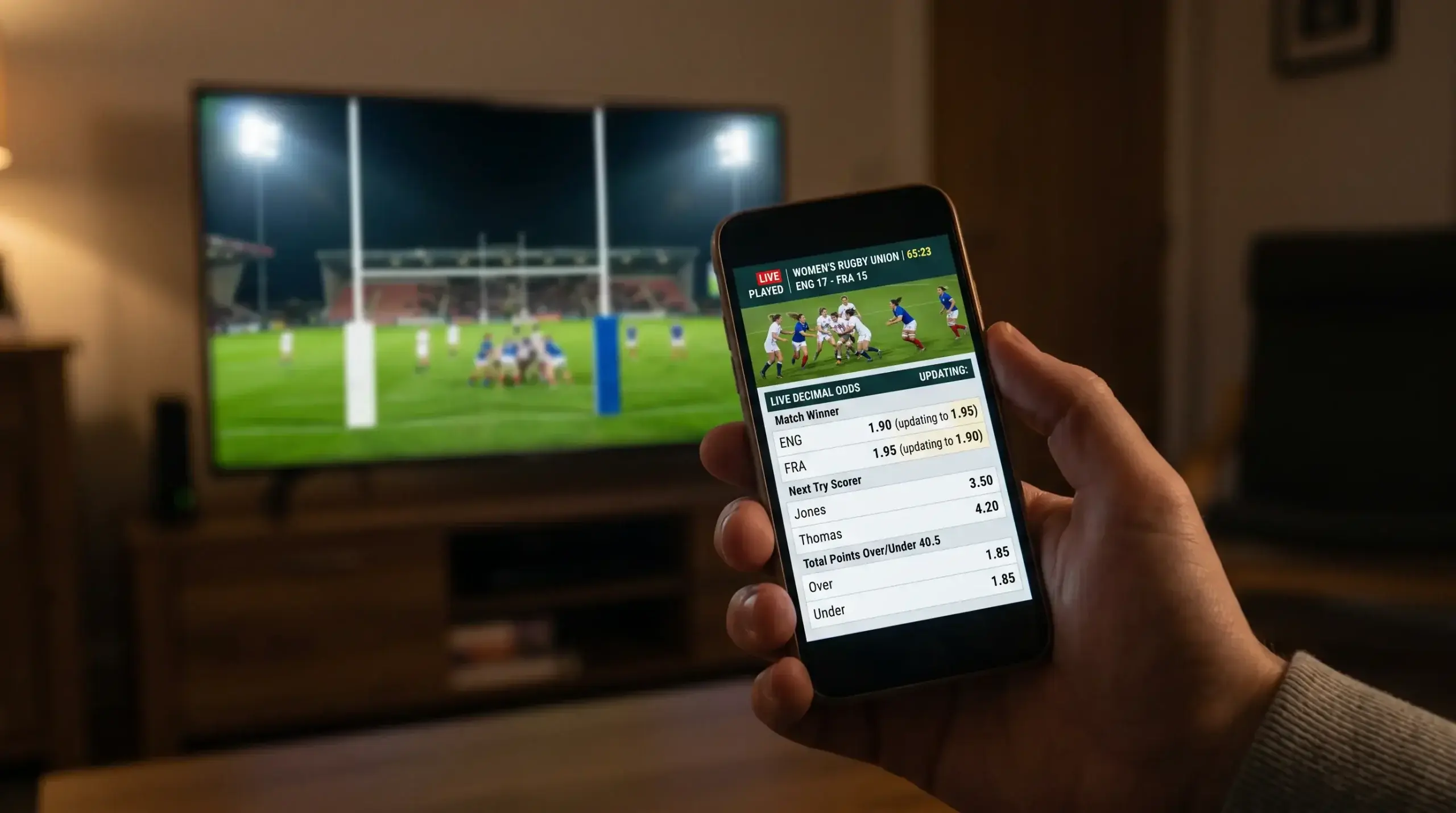 Mobile in-play betting screen during a Women's Rugby World Cup live match