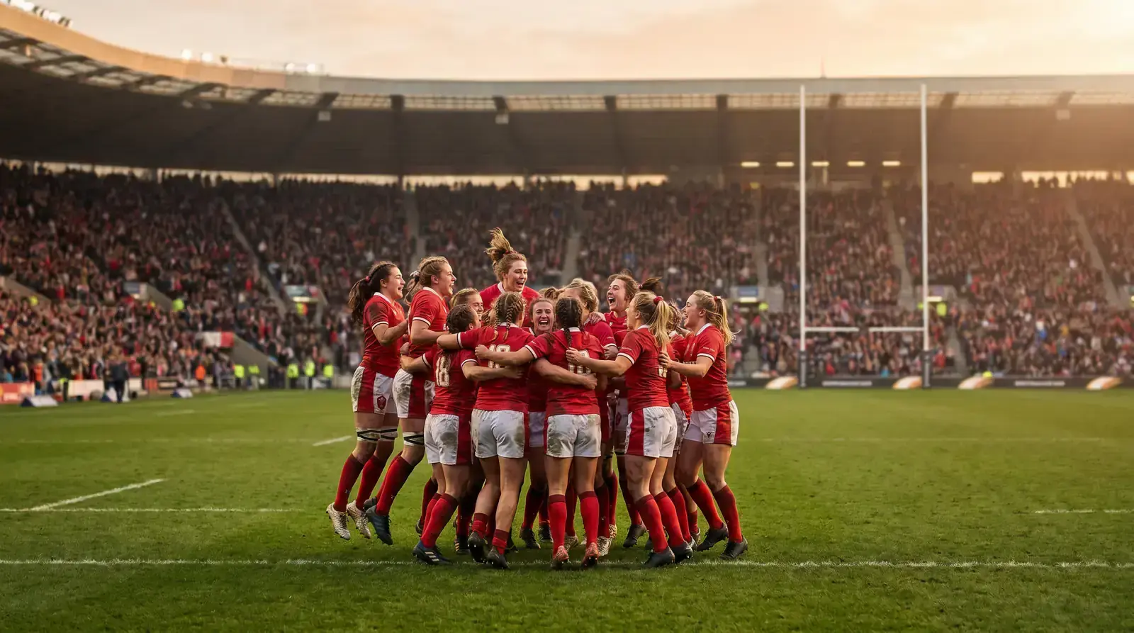 England Red Roses celebrating in front of a record crowd at the Women