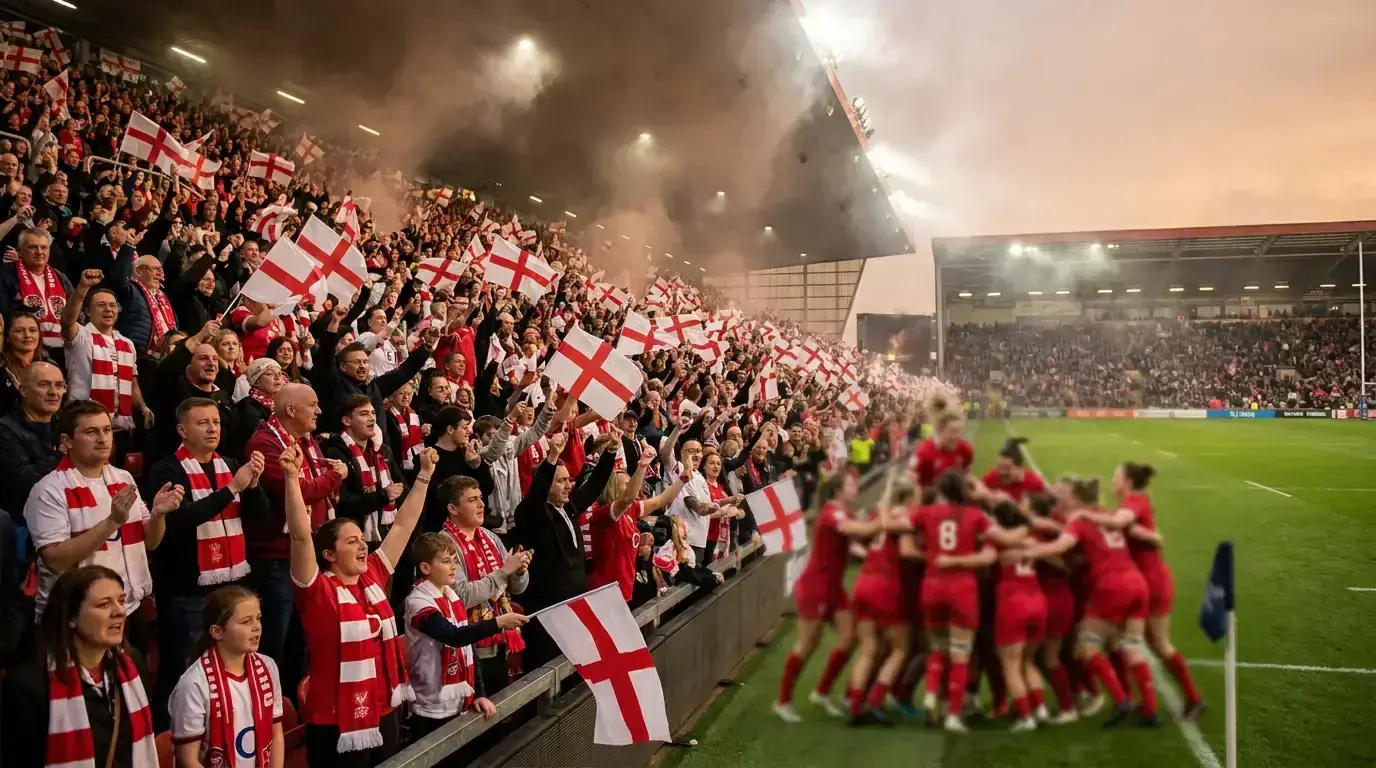 Crowd of supporters celebrating in an English rugby stadium during the 2025 Women's Rugby World Cup